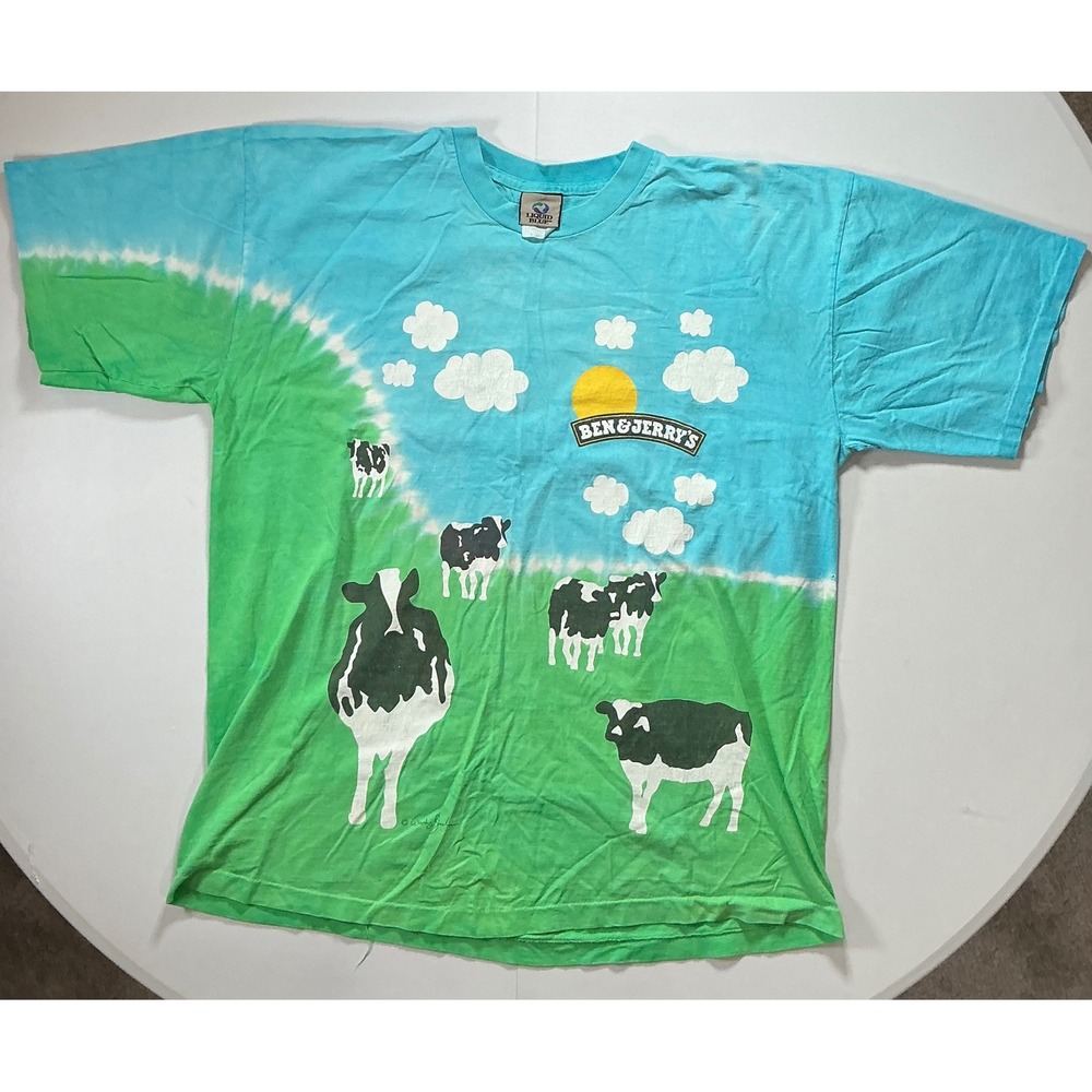 VTG AOP Single Stitch 90s Ben & Jerrys Liquid Blue T Shirt Mens XL Tie Dye Cow